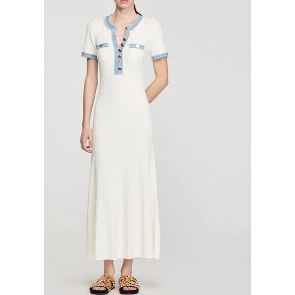 Sandro Alecia Knit and Denim Midi Dress Ribbed Midi Dress - Picture 1 of 9